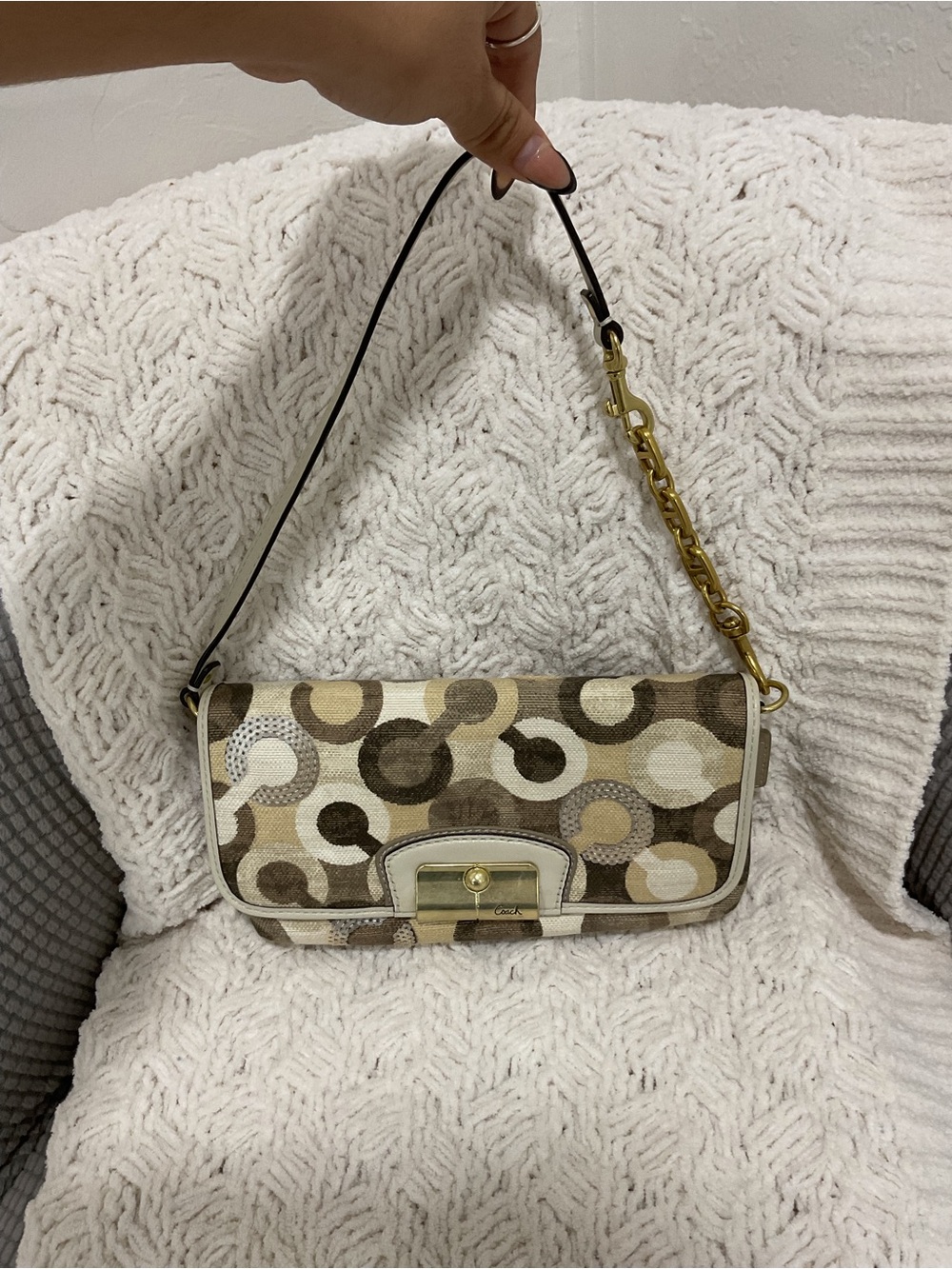 Coach Beige & Brown Patterned Shoulder Bag with Gold Hardware
